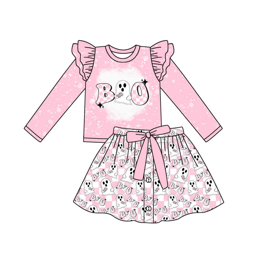 Preorder (moq 5)Baby Girls Pink Long Sleeves Ghost BOO Top Button Skirts Set