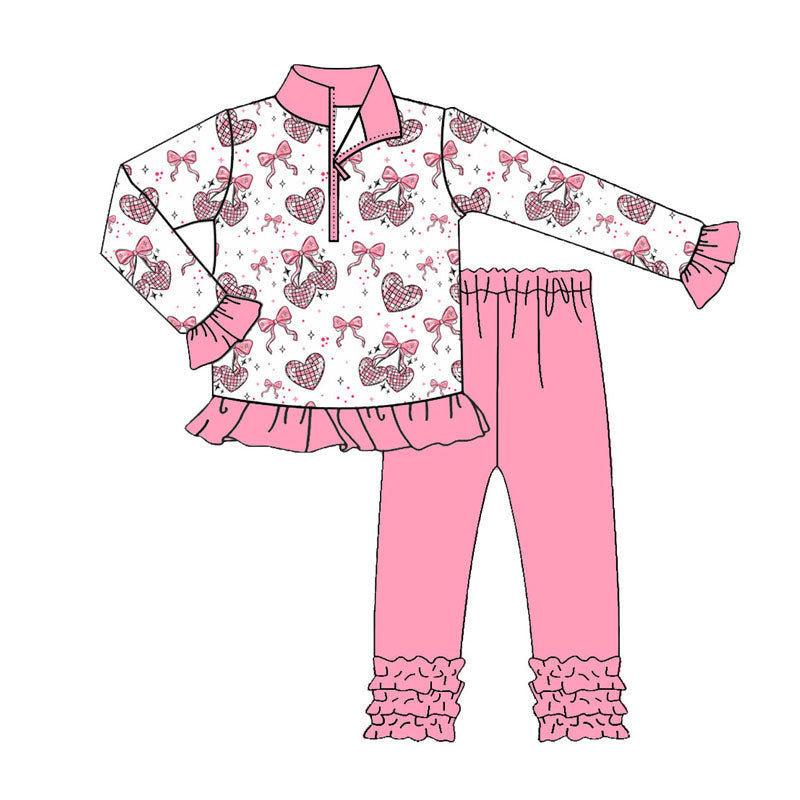 Preorder (moq 5)Baby Girls Bows Hearts Zipper Pullovers Ruffle Leggings Valentine Clothes Sets