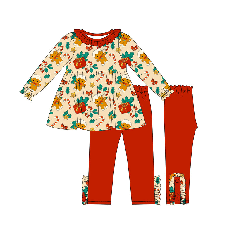Preorder (moq 5)Baby Girls Long Ruffle Sleeves Gingerbread Candy Cane Tunic Legging Pant Sets