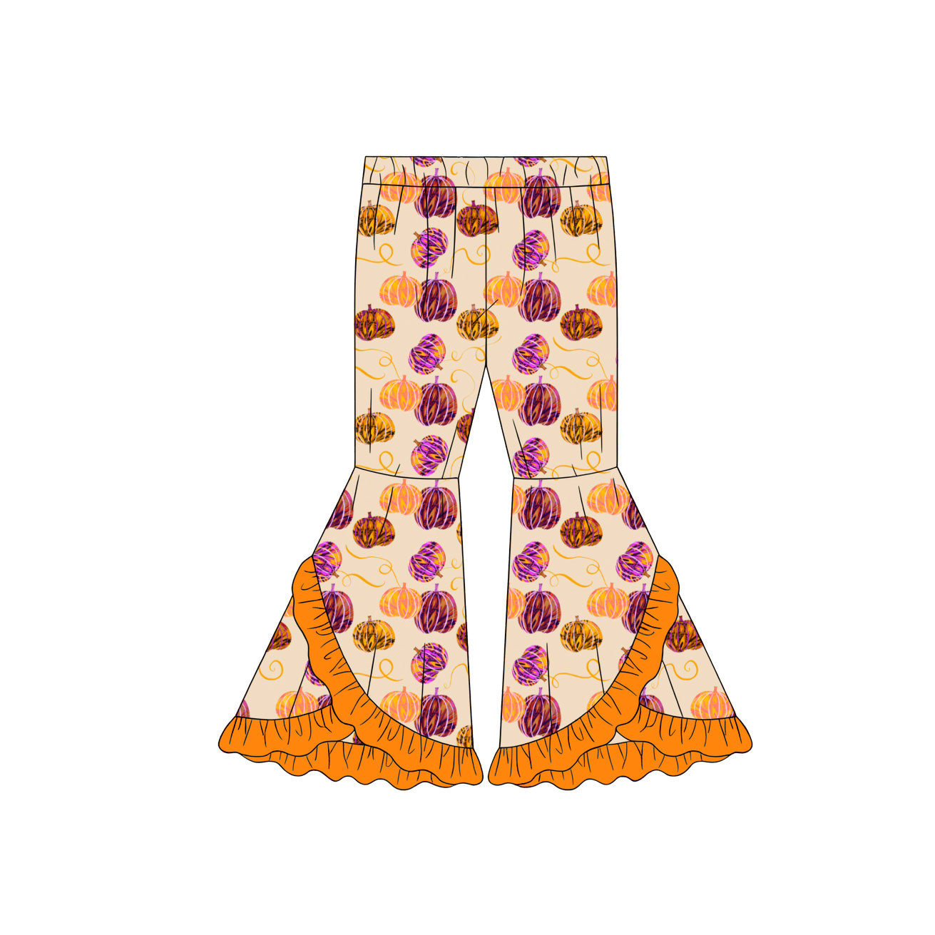 Preorder (moq 5)Baby Girls Colorful Pumpkins Fall Double Ruffle Bell Bottom Pants