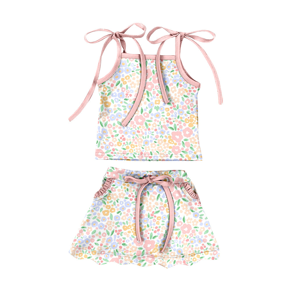 Preorder (moq 5)Baby Girls Colorful Flowers Top Pockets Scallop Skirt Shorts Swimsuits Clothes Set