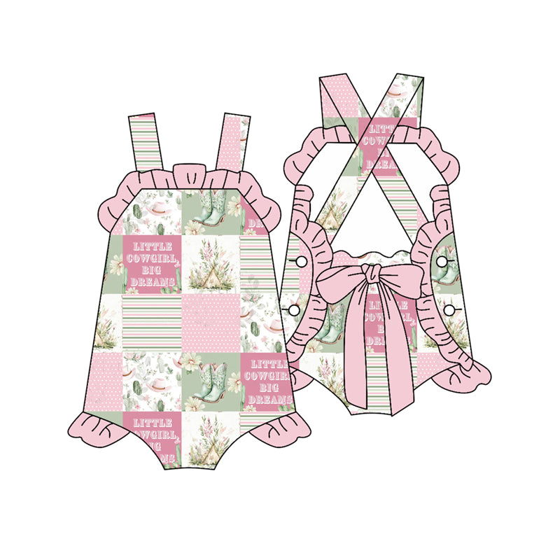 Preorder(moq 5)Baby Infant Girls Western Little Cowgirl Summer Bows Straps Rompers
