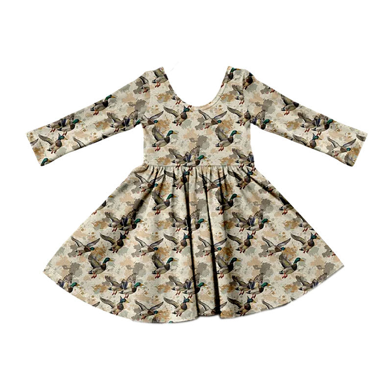 Preorder (moq 5) Baby Girl Clothes Mallard Duck Splatter Print Long Sleeve Twirl Dress