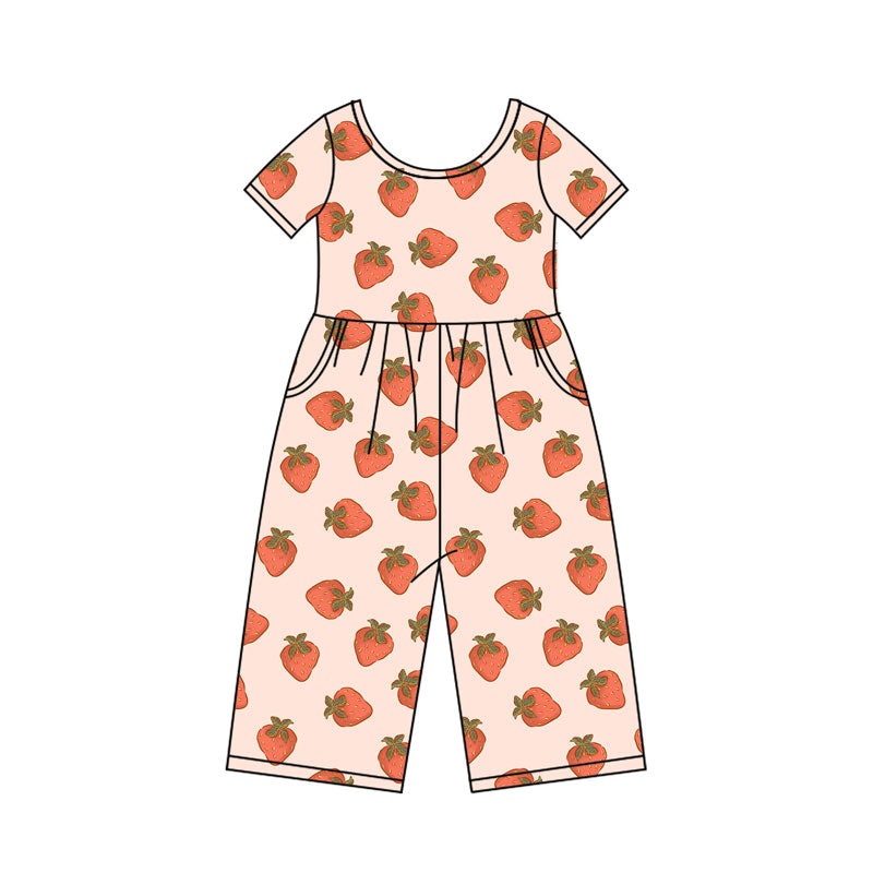 Preorder(moq 5) Baby Girls Berry Happy Strawberry Plaid Pockets Pants Jumpsuits