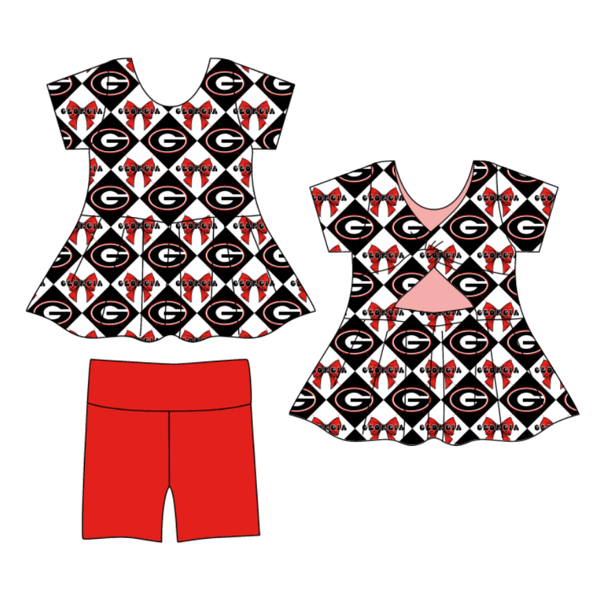 Preorder (moq 5)Baby Girls Team Bows Checked Tunic Shorts Clothes Sets