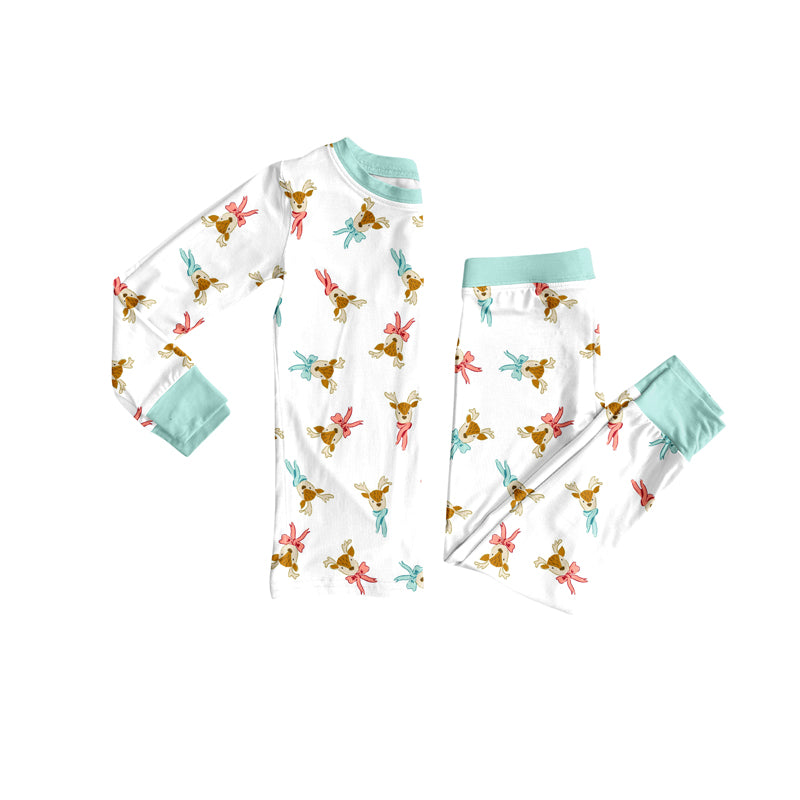 Preorder (moq 5)Baby Girls Long Sleeves Deer Bows Plaid Top Pant Pajamas Sets