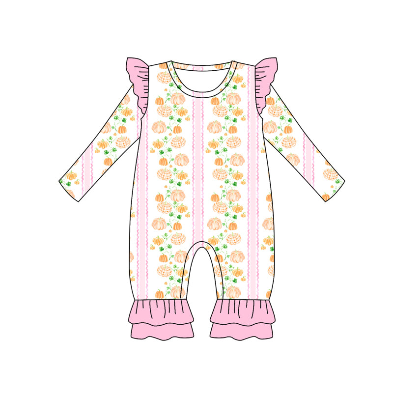 Preorder (moq 5)Baby Girls Long Sleeves Pumpkins Stripes Ruffle Pant Romper