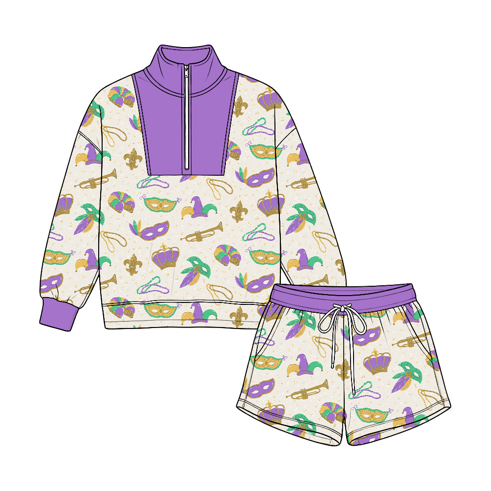 Pre-order(moq5) Kids’ Carnival Half-Zip Top & Shorts 2-Piece Set, Purple Trumpet Crown Mask Print Festival Outfit