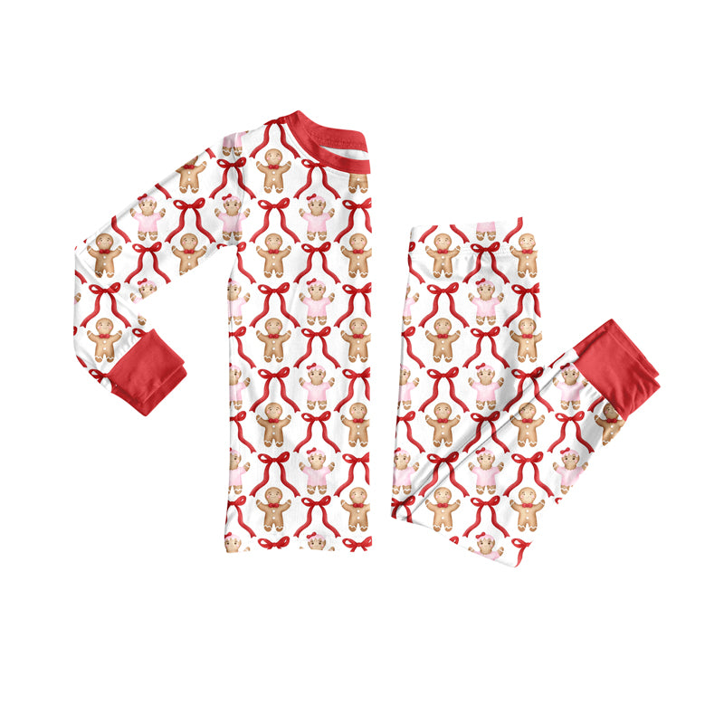Preorder(moq 5) Baby Girls Christmas Gingerbread Bows Top Pants Lounge Wear Pajamas Sets