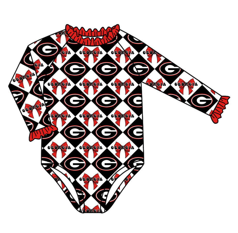 Preorder (moq 5)Baby Girls Long Sleeve Team Bows Checked One Piece Swimsuits