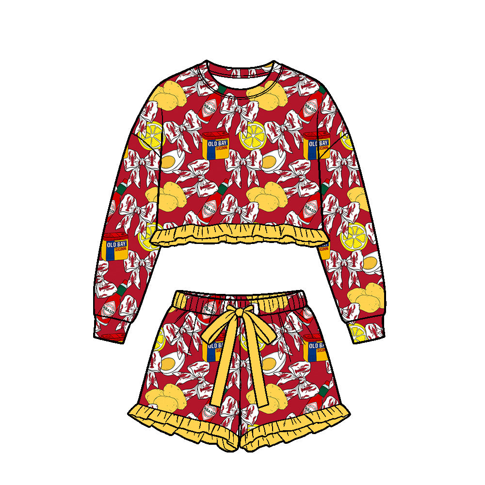 Preorder (moq 5) Girls Crawfish Lemon Rose Gingham Print Long Sleeve Crop Top Ruffle Shorts Boutique Outfits Clothes Sets
