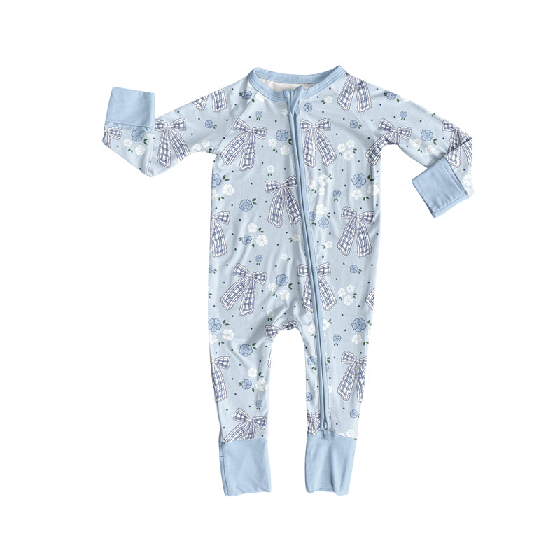 Preorder(moq 5)Baby Infant Boys Blue Bows Flowers Plaid Zipper Rompers