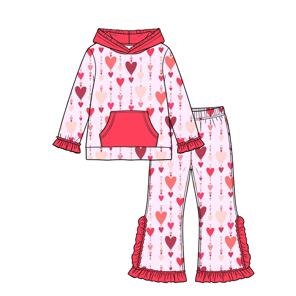 Preorder (moq 5) Baby Girl Clothes Valentine Multi Red Heart Print Long Sleeve Hoodie Flare Pant Set