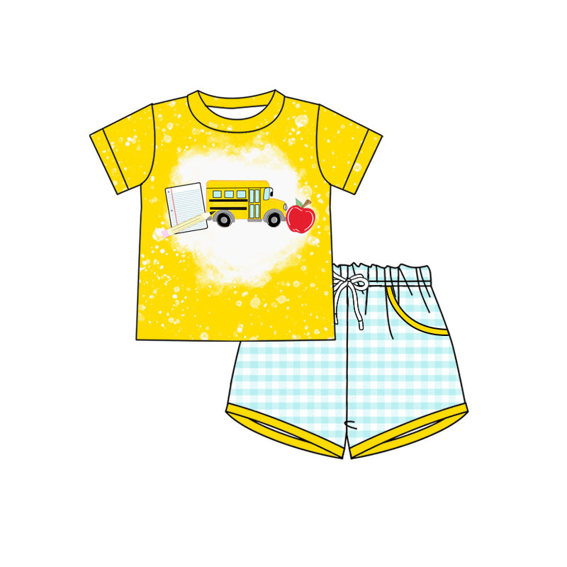 Preorder (moq 5)Baby Boys Bus Pencil Apples Top Checked Short Back to School Sets