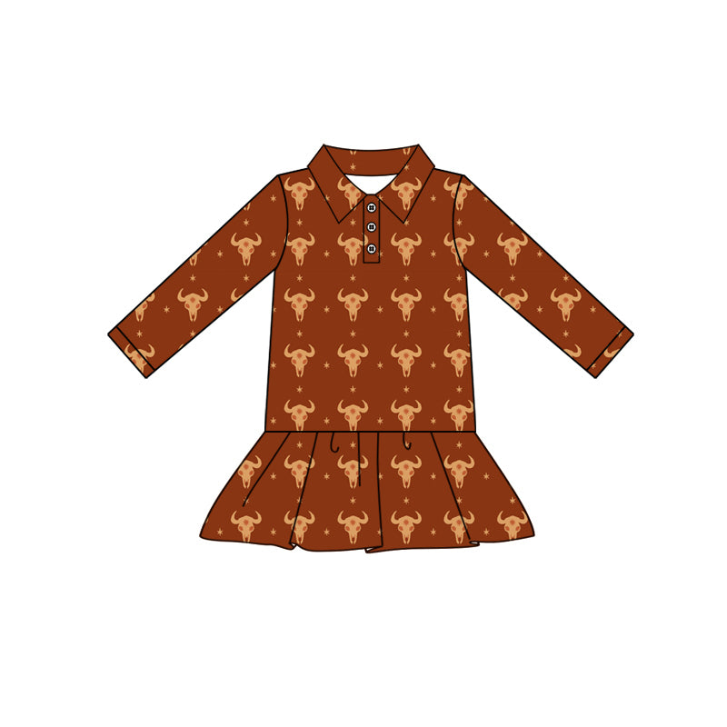 Preorder(moq 5) Baby Girls Bull Skull Stars Button Western Ruffle Knee Length Dresses