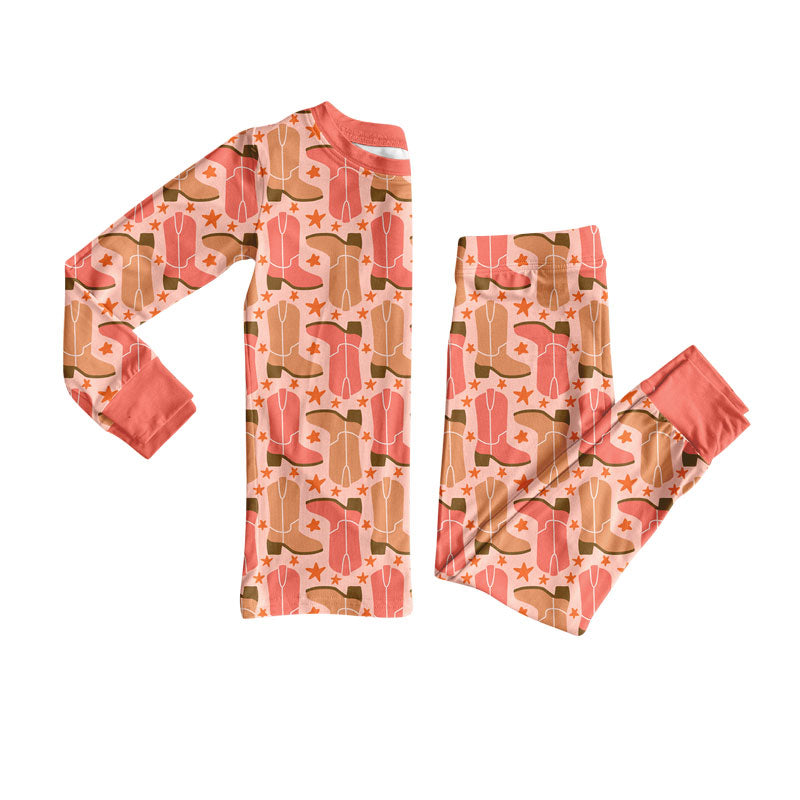 Preorder(moq 8)Baby Girls Orange Boots Stars Top Pants Pajamas Sets