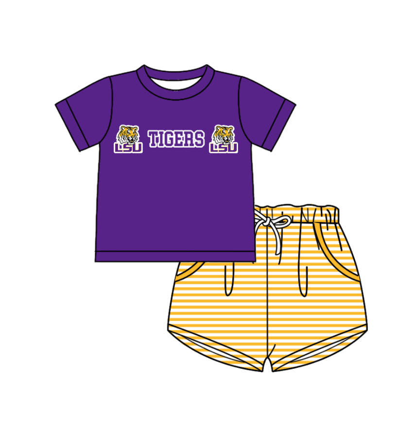 Preorder (moq 5)Baby Boys LSU Tigers Shirt Top Pockets Stripe Short Team Clothes Set