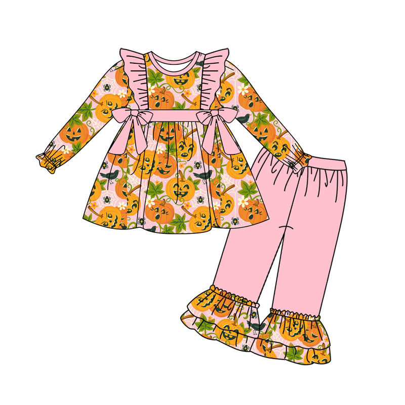 Preorder (moq 5)Baby Girls Long Sleeves Pumpkins Bows Tunic Ruffle Pant Clothes Set