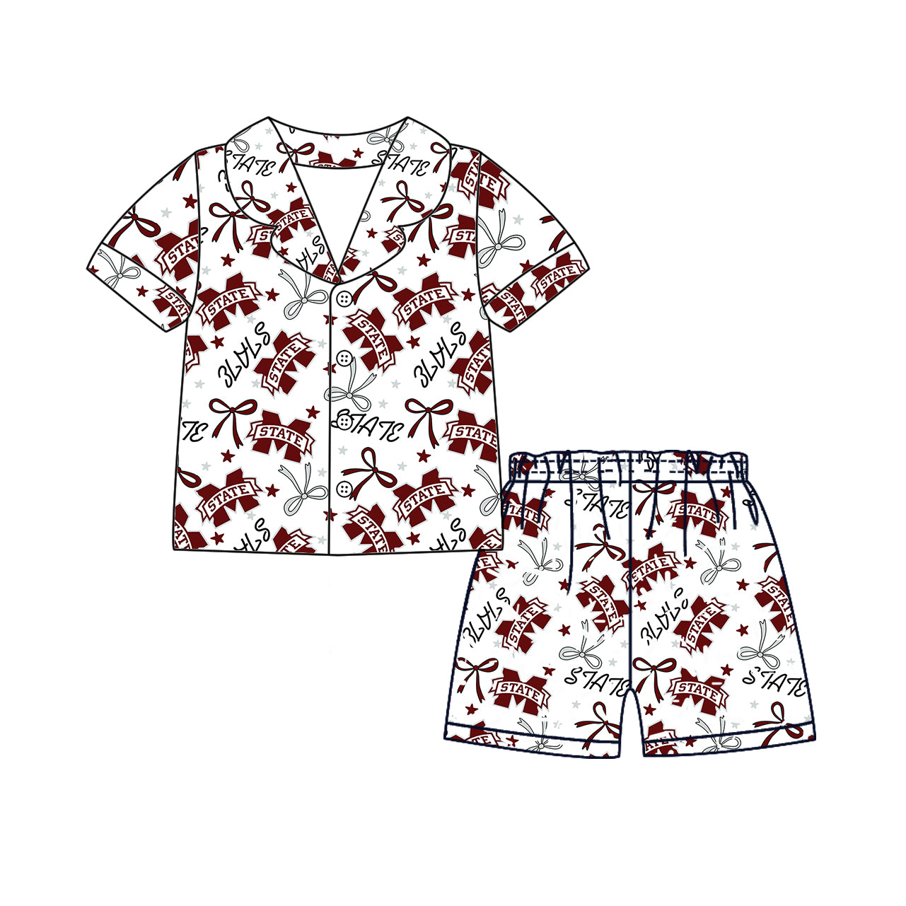 Preorder moq 5 Adult Women Short Sleeves Brown State M Bows Stars Button Top Short Team Pajamas Set