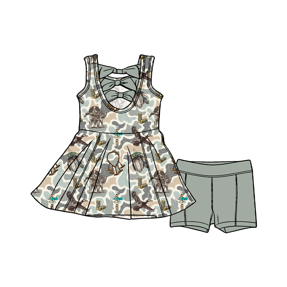 Preorder moq 5 Baby Girls Sleeveless Camo Dog Ducks Tunic Shorts Hunting Clothes Set