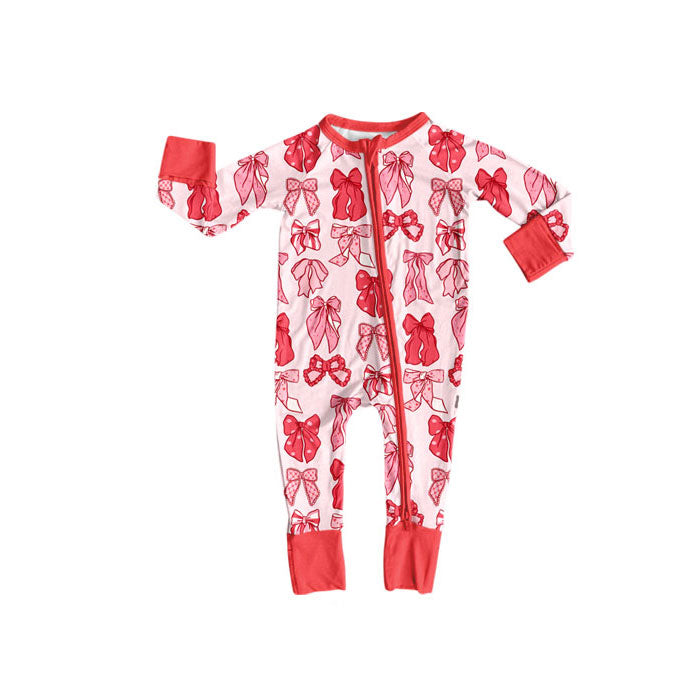 Preorder(moq 8)Baby Girls Red Hearts Bows Plaid Valentine Zipper Footie Rompers