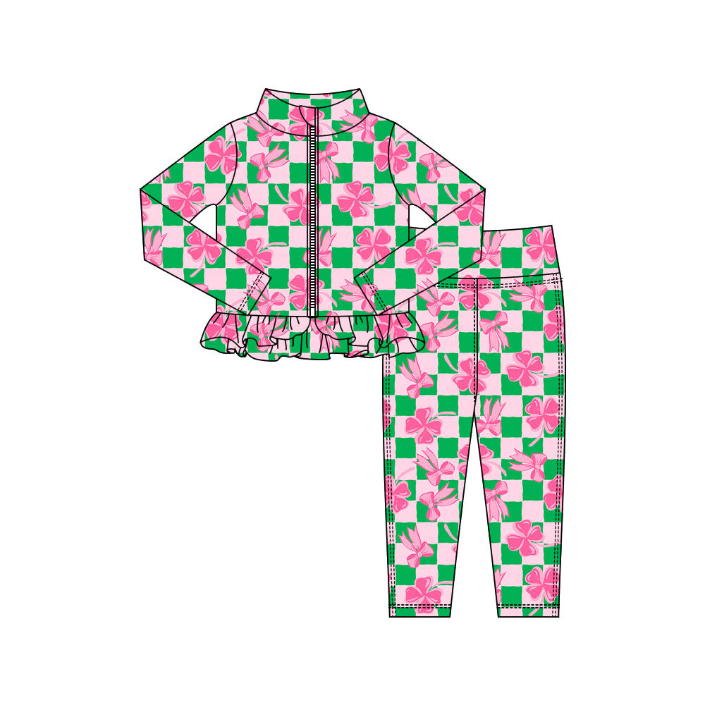 Preorder(moq 5) Baby Girls Clovers Bows Checked Zipper Jacket Leggings St Patrick Clothes Sets