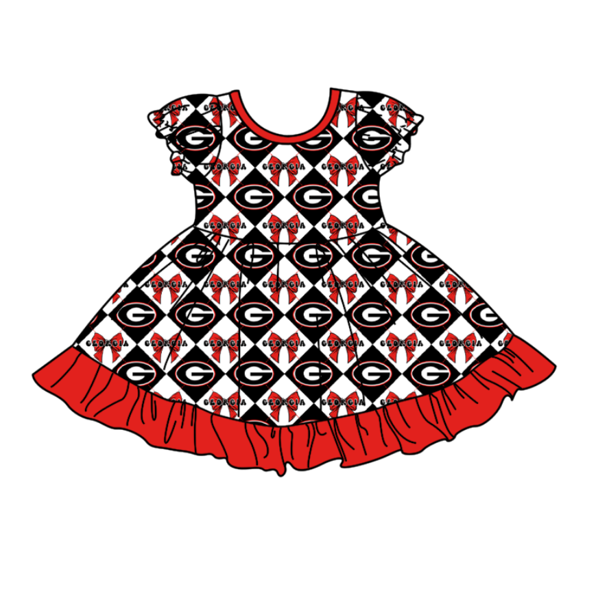 Preorder (moq 5)Baby Girls Team Bows Checked Ruffle Knee Length Dresses