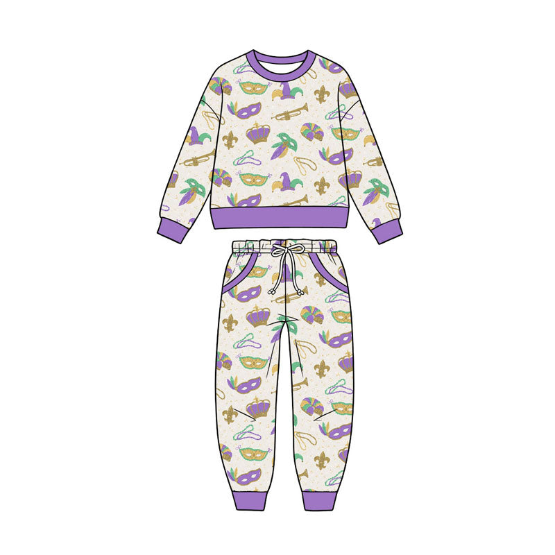 Preorder (moq5) Baby Girl Clothes Mardi Gras Mask Crown Print Long Sleeve Sweatshirt Jogger Pant Set