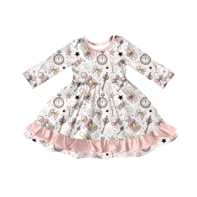 Preorder (moq 5)Baby Girls Long Sleeves Pink Bows Stars Plaid Ruffle Knee Length Dresses