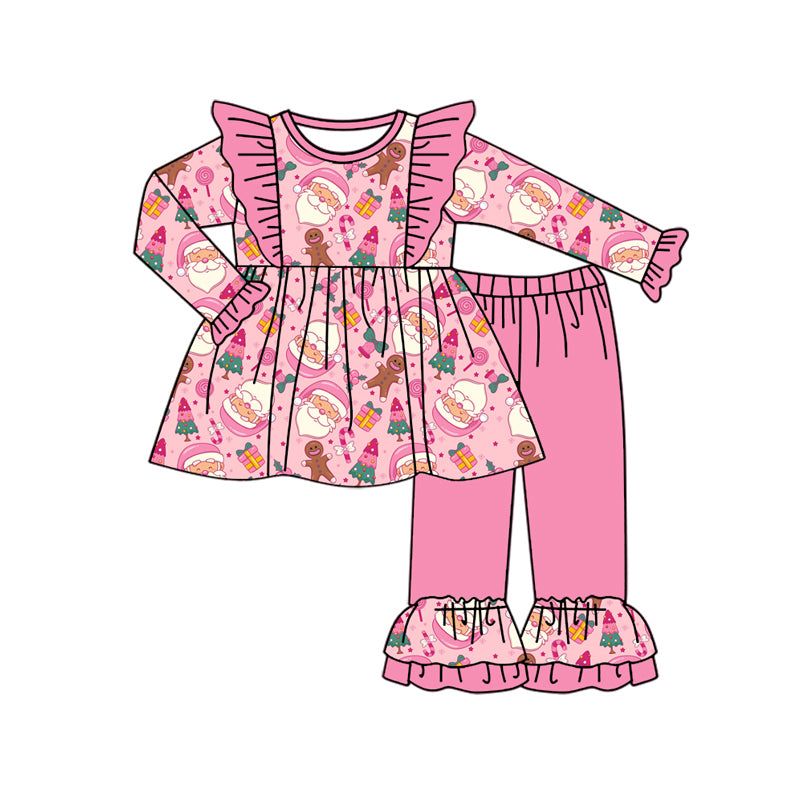 Preorder (moq 5)Baby Girls Pink Long Sleeves Santa Gingerbread Tunic Ruffle Pant Sets