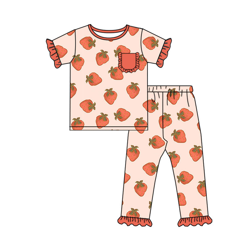 Preorder(moq 5) Baby Girls Berry Happy Strawberry Pockets Top Ruffle Pants Pajamas Sets
