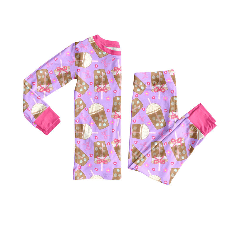 Preorder (moq 5)Baby Girls Flowers Hearts Coffee Top Pants Valentine Pajamas Sets