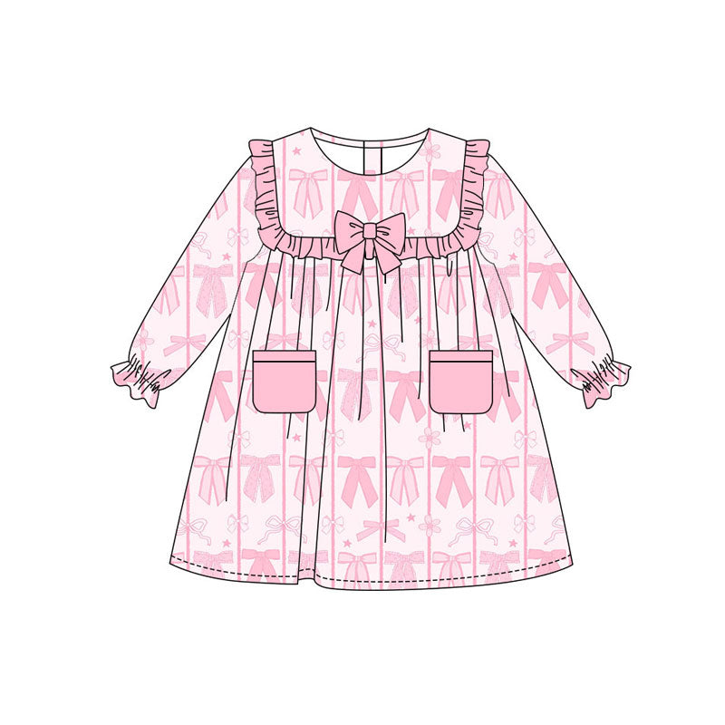 Preorder(moq 8)Baby Girls Pink Stars Bows Pocket Valentine Knee Length Dresses