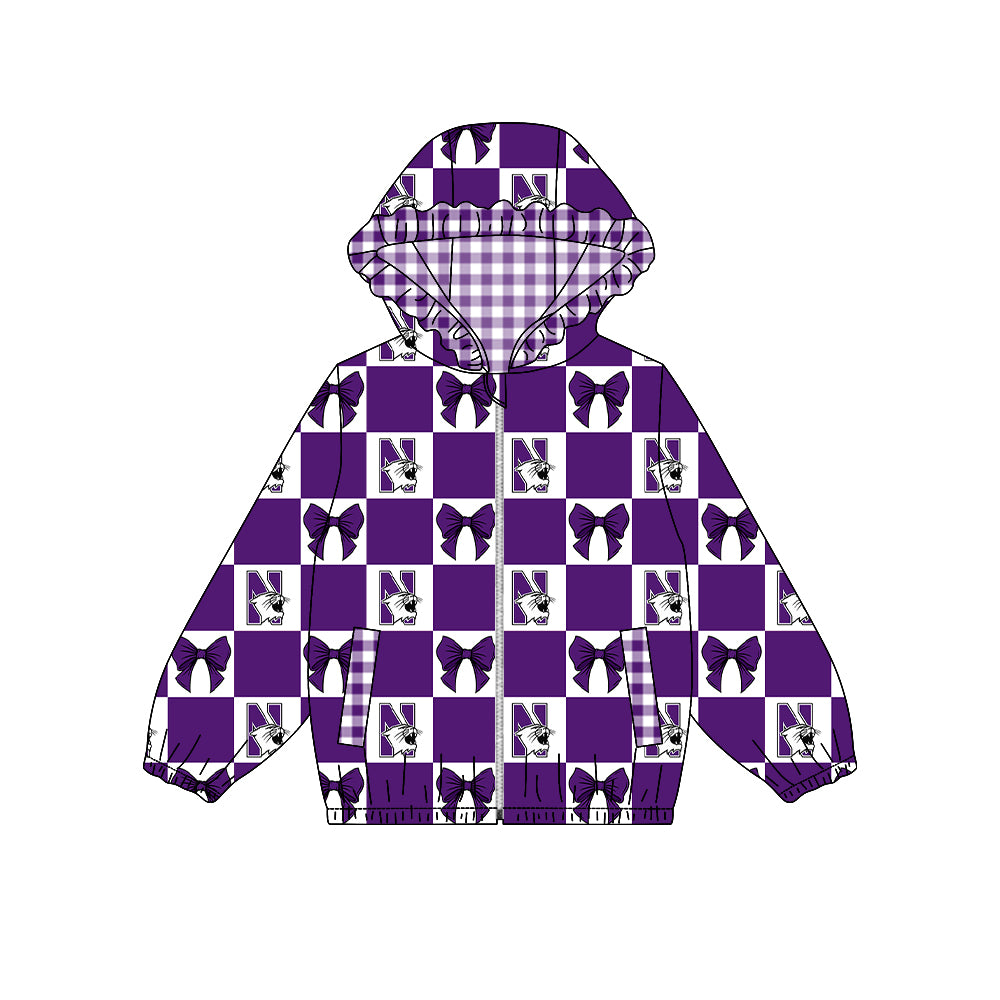 Preorder (moq 5) Baby Girls Bows Northwestern Checked Team Ruffle Hoodie Tops