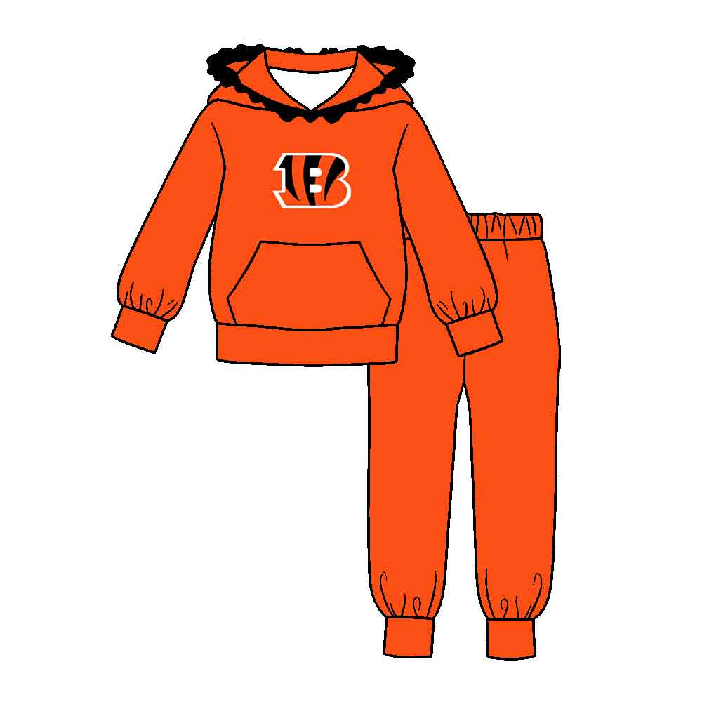 Preorder (moq 5)Baby Girls Orange Bengals Pocket Ruffle Hoodie Joggers Team Clothes Set