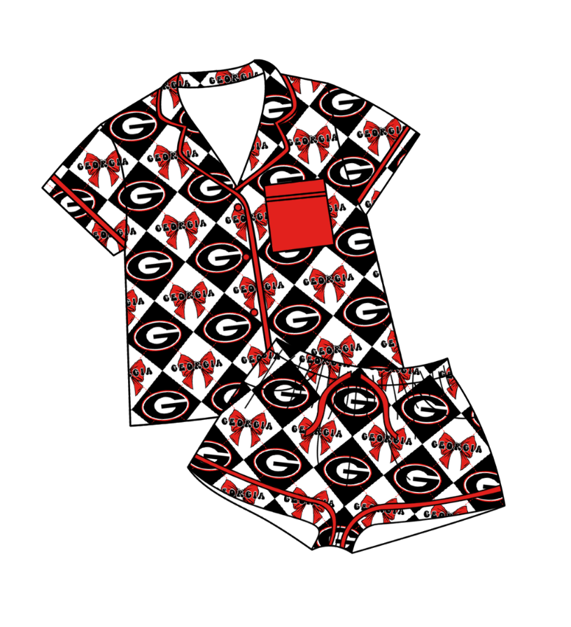 Preorder (moq 5)Baby Girls Team Bows Checked Button Pocket Top Shorts Pajamas Sets