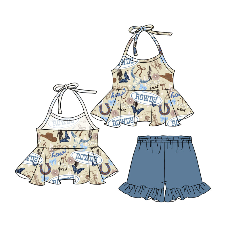 Preorder (moq 5)Baby Girls Blue Strap Bull Skull Tunic Ruffle Shorts Clothes Sets