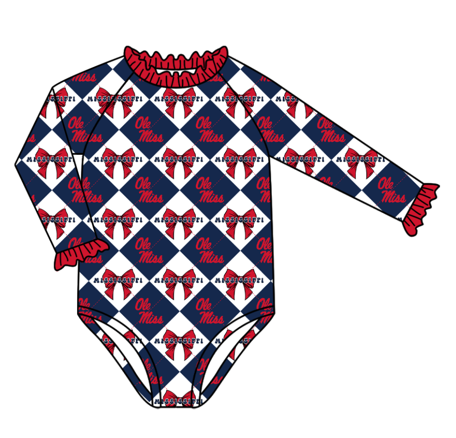 Preorder (moq 5)Baby Girls Long Sleeve Ole Miss Bows Team Ruffle Rompers