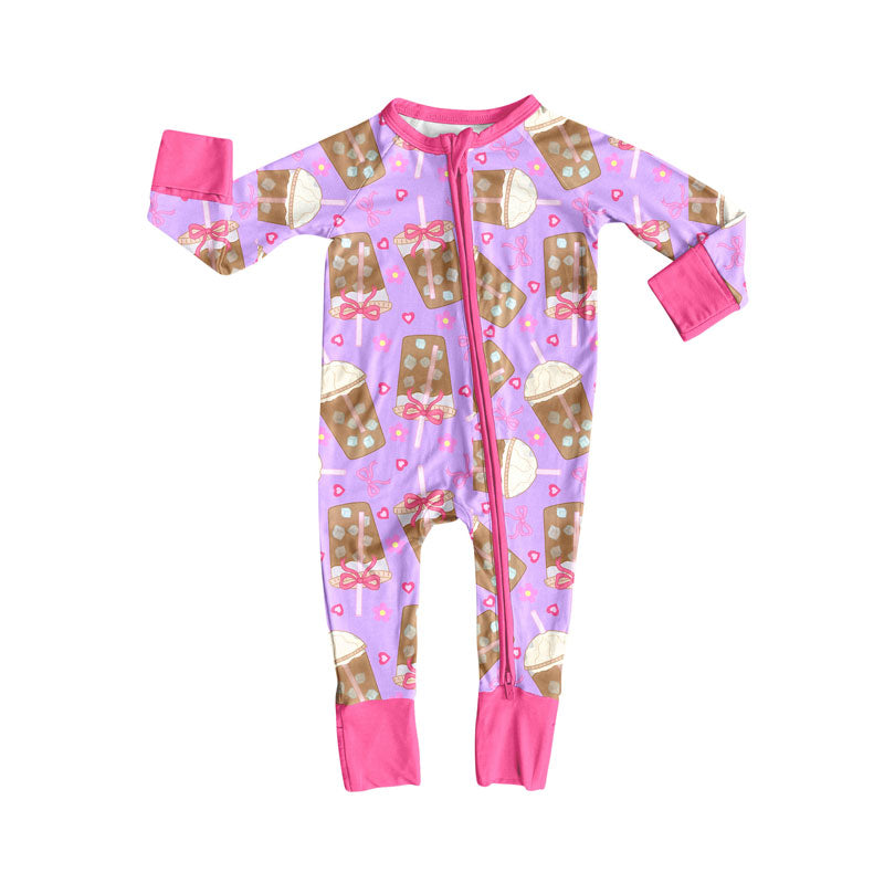 Preorder (moq 5)Baby Girls Flowers Hearts Coffee Valentine Zipper Footie Rompers