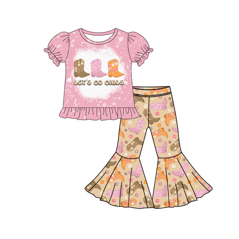 Preorder(moq 5) Baby Girls Boots Let's Go Top Bell Bottom Pants Western Clothes Sets