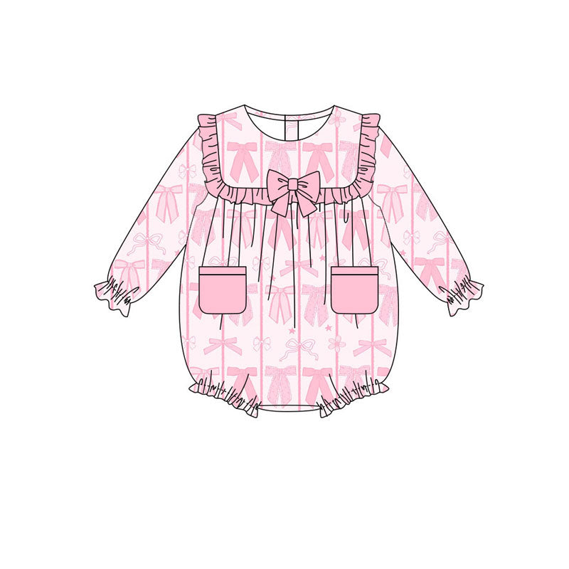 Preorder(moq 8)Baby Girls Pink Stars Bows Valentine Pockets Ruffle Rompers