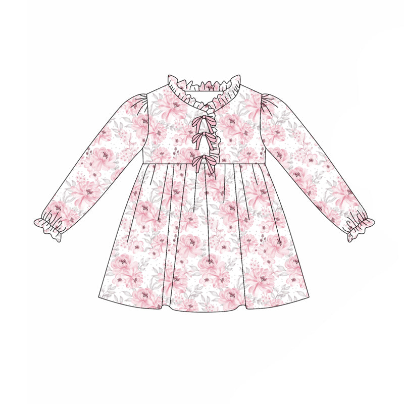 Preorder(moq 5) Baby Girls Long Ruffle Sleeves Pink Flowers Knee Length Dresses