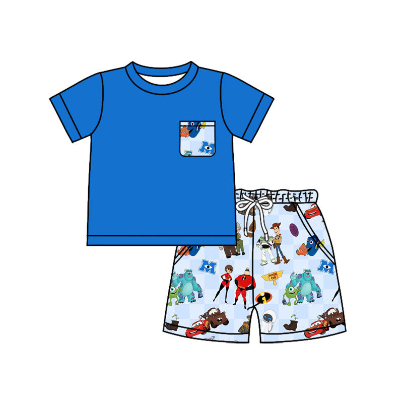 Preorder (moq 5)Baby Boys Hot Blue Short Sleeves Pocket Top Cartoon Dolls Short Clothes Sets