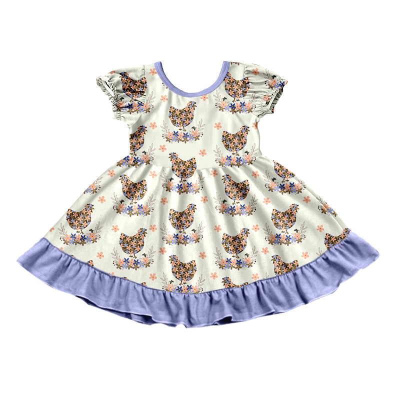 Preorder (moq 5) Baby Girl Clothes Floral Chicken Mixed Print Short Sleeve Ruffle Dress