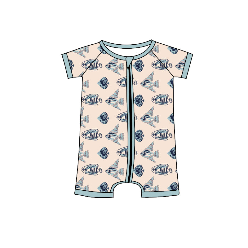 Preorder(moq 5)Baby Infant Boys Cute Fish Zip Summer Rompers )