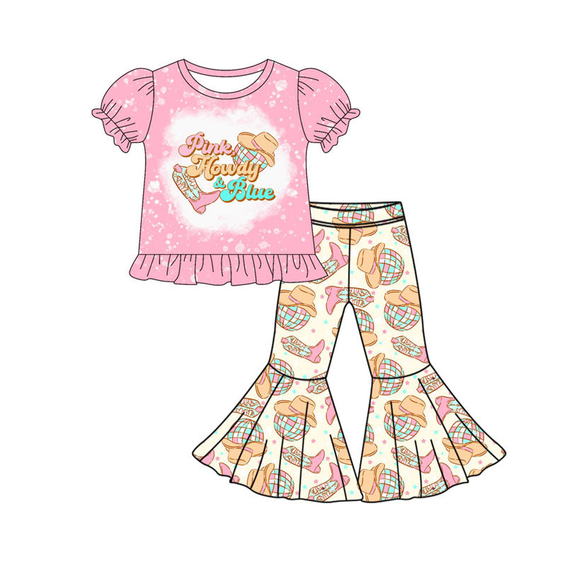 Preorder(moq 5) Baby Girls Pink Howdy Hat Boots Top Bell Bottom Pant Western Clothes Sets