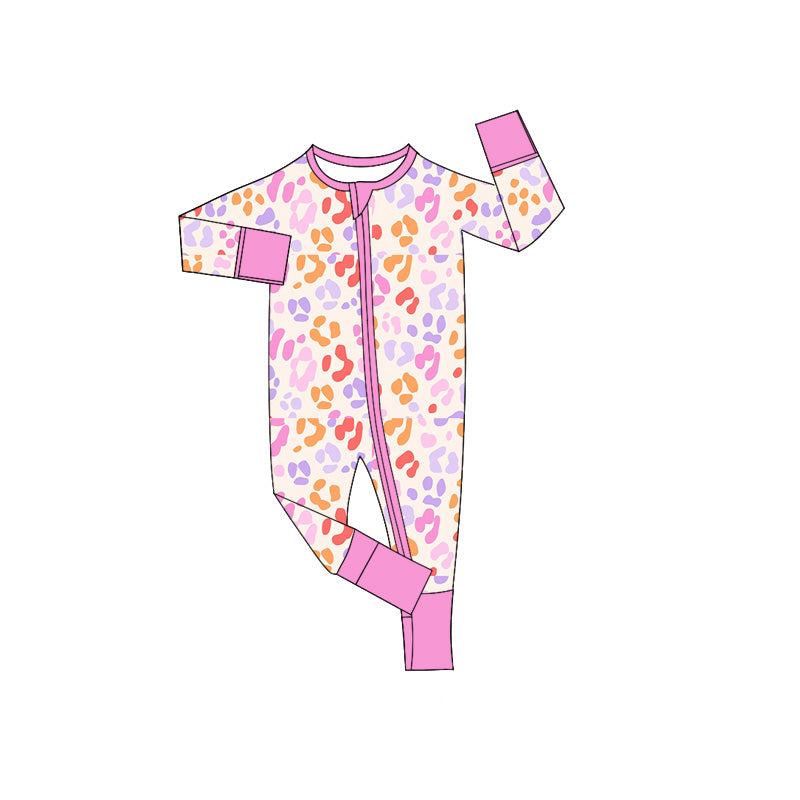 Preorder (moq 5)Baby Boys Pink Long Sleeves Colorful Leopard Zipper Rompers