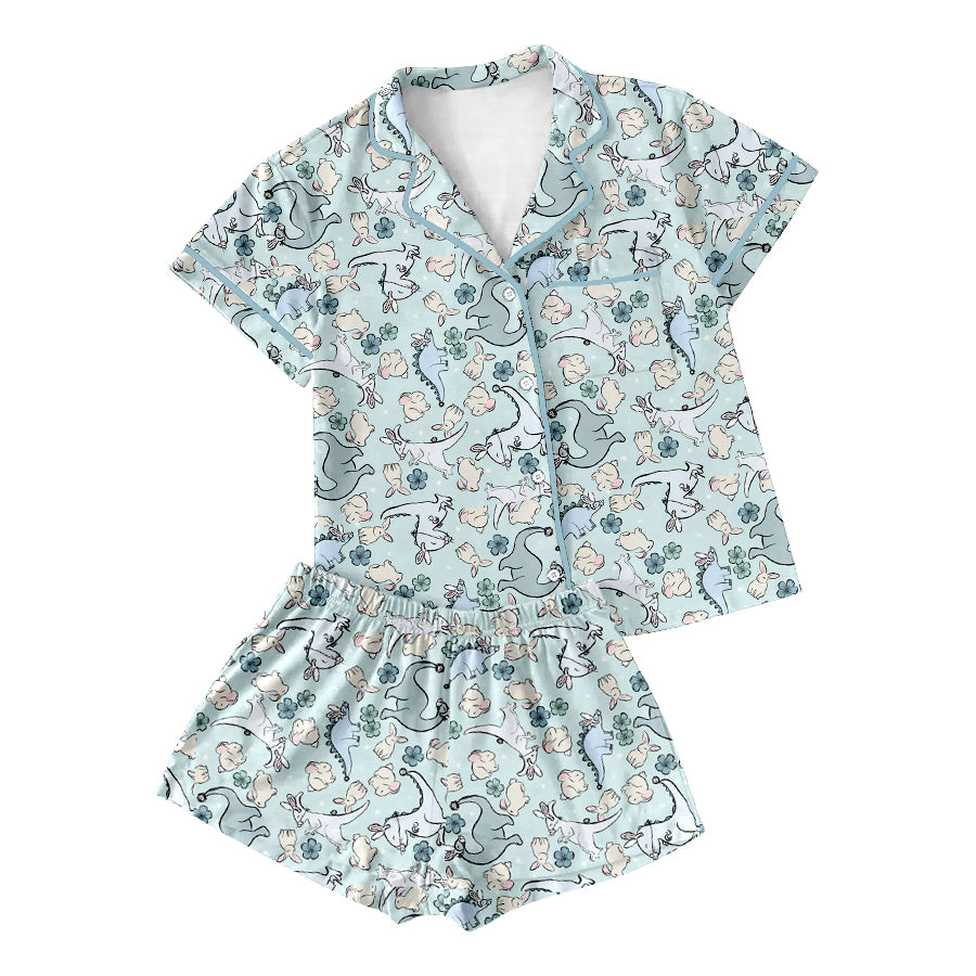 Preorder moq 5 Adult Women Rabbit Flower Dinosaurs Button Pockets Top Shorts Easter Pajamas Sets