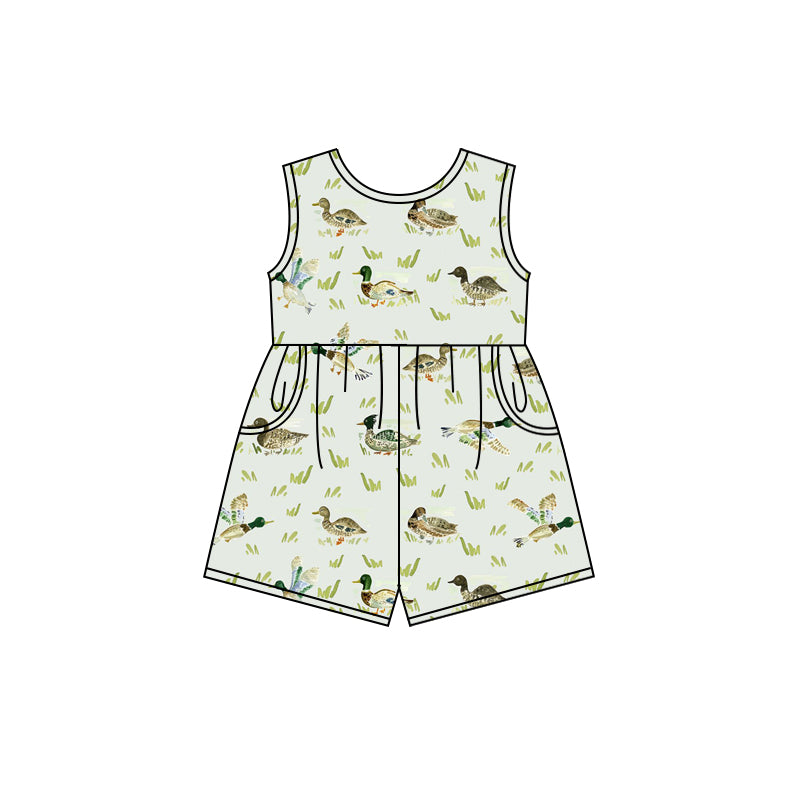 Preorder (moq 5)Baby Girls Green Mallard Ducks Shorts Summer Jumpsuits