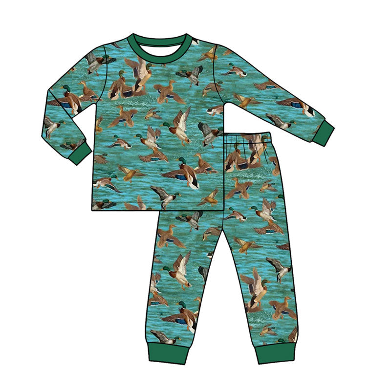 Preorder (moq 5) Baby Boy Clothes Realistic Flying Mallard Duck Water Scene Print Long Sleeve Top Jogger Pant Pajama Set